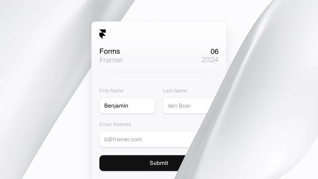 Framer-Forms-Komponente mit Feldern für Vorname, Nachname und E-Mail und einem Submit-Button