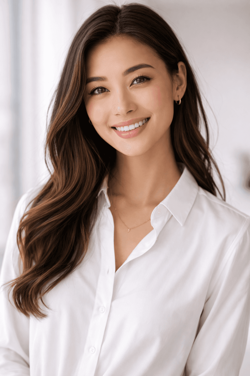 Portrait of a laughing person with curly hair wearing a white shirt