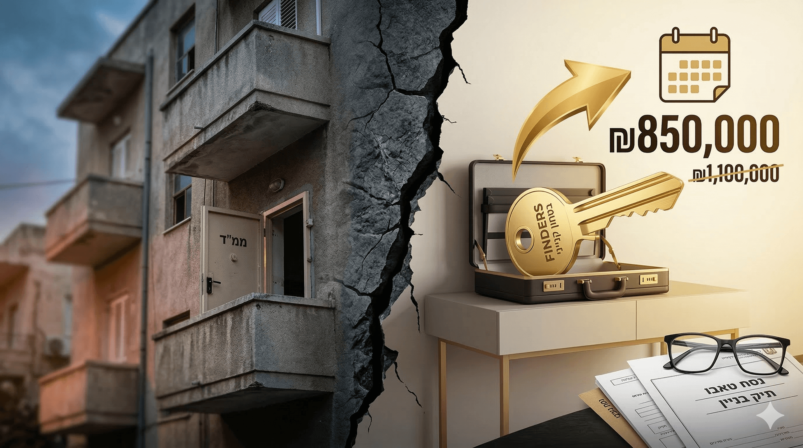 תמונת קונספטואלית רבת-עוצמה המציגה ניגוד בין בניין דירות ישן בחיפה/טירת כרמל, עם דלת ממ"ד (מרחב מוגן דירתי) פתוחה המייצגת ביטחון פיזי, לבין חשיפת הזדמנות פיננסית "מתחת לרדאר". התמונה חצויה על ידי סדק דרמטי בקיר אבן כהה.  בצד השמאל המתוח, נראית חזית גרגרנית ומטושטשת קלות של בניין ישן בשעת דמדומים, המדגישה את המרפסות ואת דלת הממ"ד הפתוחה.  בצד הימני המואר והבטוח, נחשף פנים חדר ישיבות מודרני עם שולחן מלוטש. מתוך מזוודת עסקים מקצועית פתוחה, יוצא מפתח מוזהב גדול ומלוטש, עליו חרוטות בעברית המילים **"FINDERS"** ו-**"בטחון קנייני"**. מעל המזוודה, חץ מוזהב דינמי מצביע על ההבטחה הפיננסית: **"₪850,000"** (מחיר בקנייה) מתחת למחיר השוק המחוק **"₪1,100,000"**. על השולחן מונחים משקפיים מקצועיים על גבי מסמכים רשמיים marked **"נסח טאבו"** ו-**"תיק בניין"**, המדגישים את הידע הנדרש כדי לפעול "מתחת לרדאר".