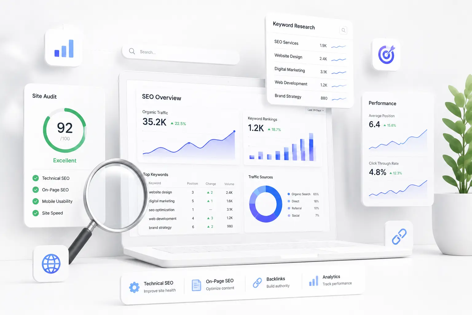 Master Solution SEO optimization service featuring keyword research, technical SEO, website performance analysis, search engine ranking improvements, and organic traffic growth.