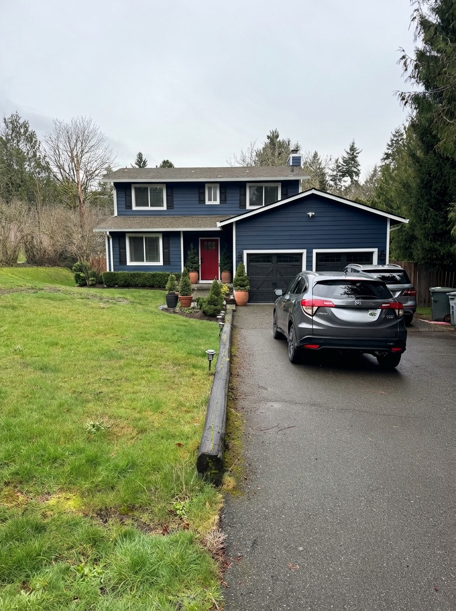 Brick house exterior update — modern craftsman with navy siding, white trim, red door