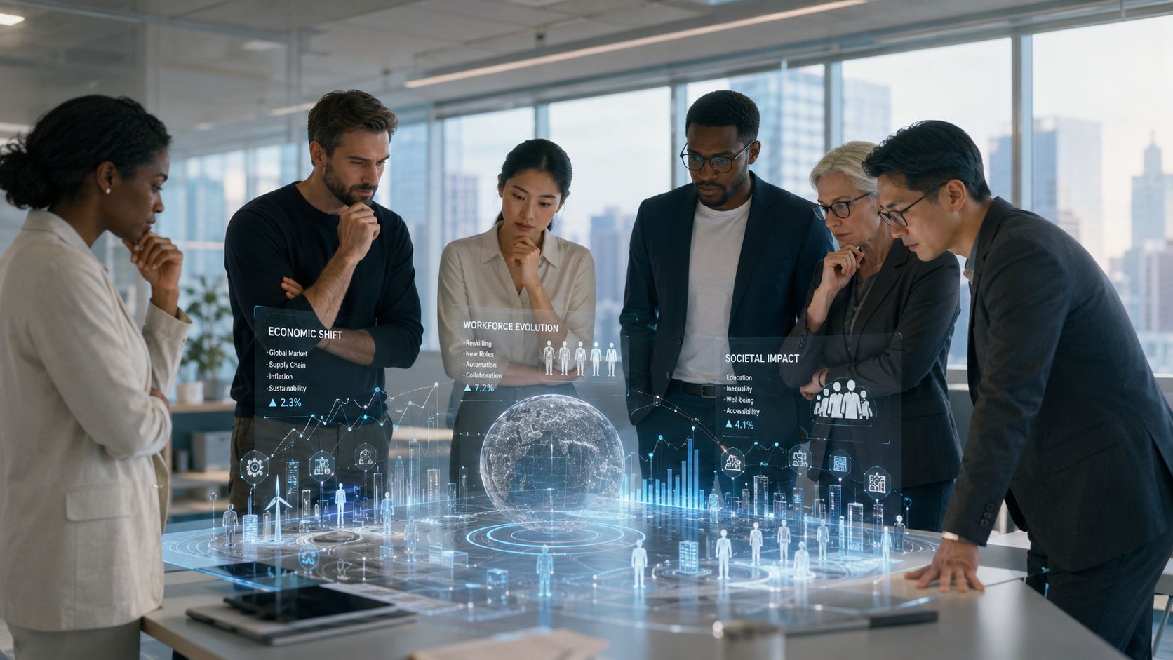 A diverse group of business professionals examining a high-tech holographic projection of global data on a table.