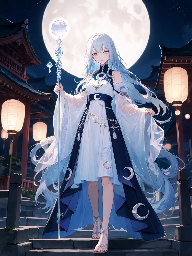 anime moon princess character generator with blue hair, crystal staff, and night temple background
