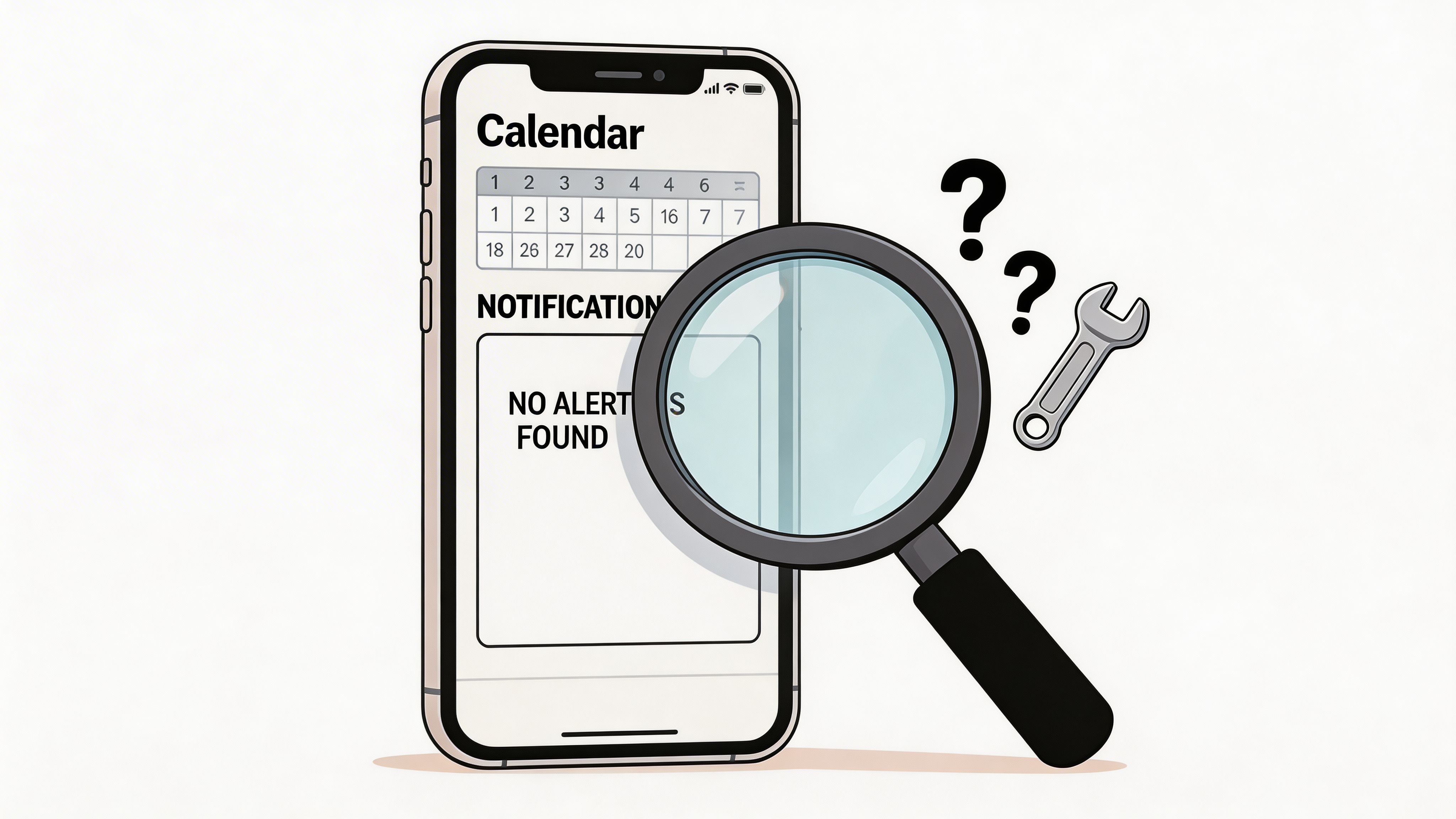 A digital smartphone displaying a calendar app with no notification alerts found under a magnifying glass icon.