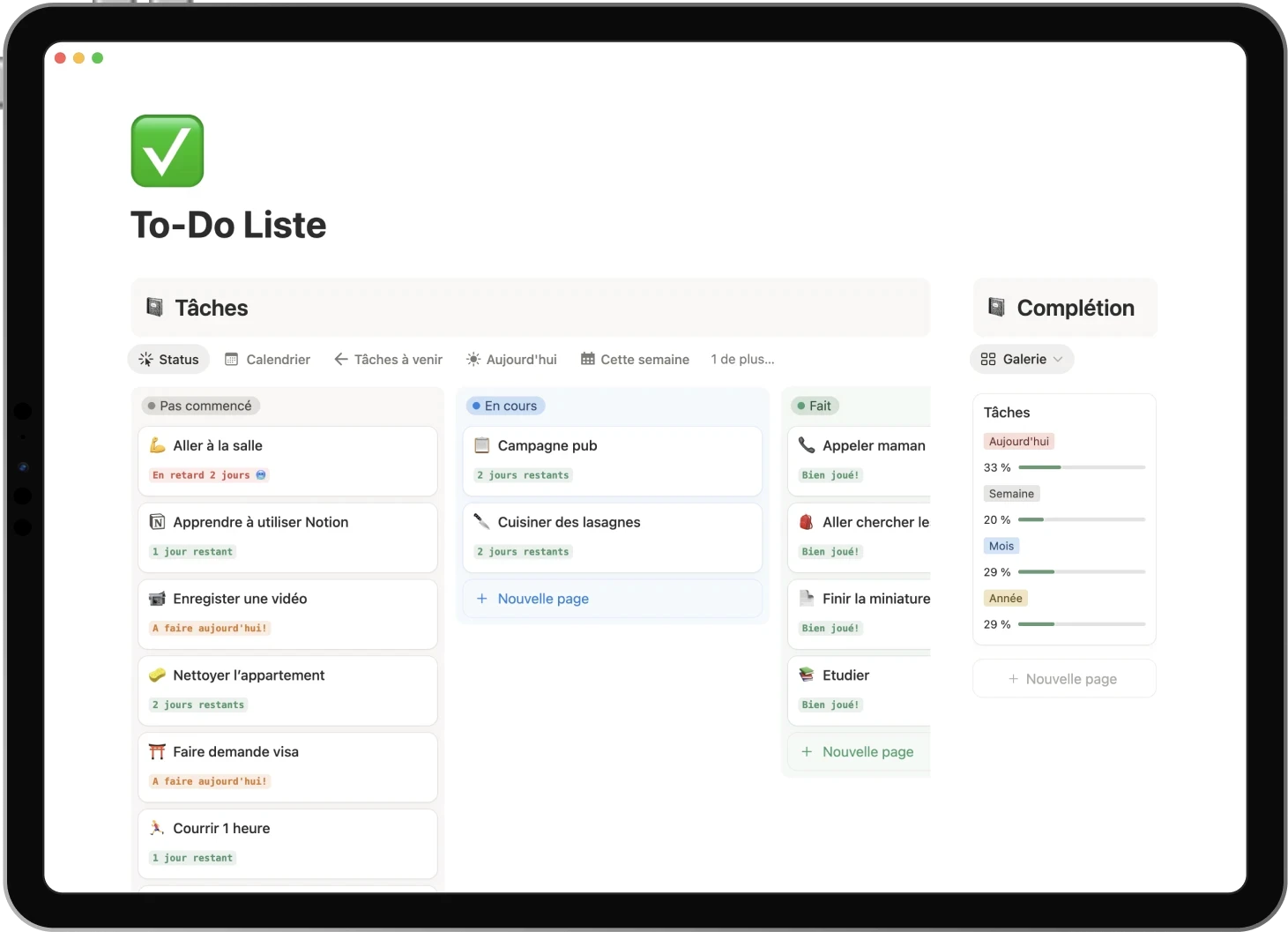 Ipad displaying the To-Do List template: LIst all your daily tasks, track your daily, weekly, monthly and yearly completion.