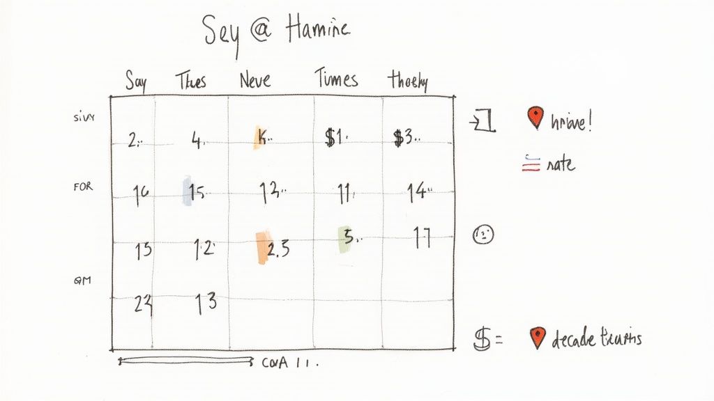 A person adjusting prices on a laptop with a calendar and charts on the screen.