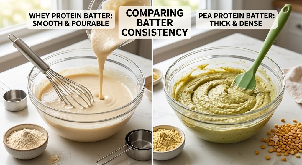 Comparing the consistency of pourable whey protein muffin batter versus thick pea protein batter, with ingredient powders and yellow split peas in a kitchen setting.