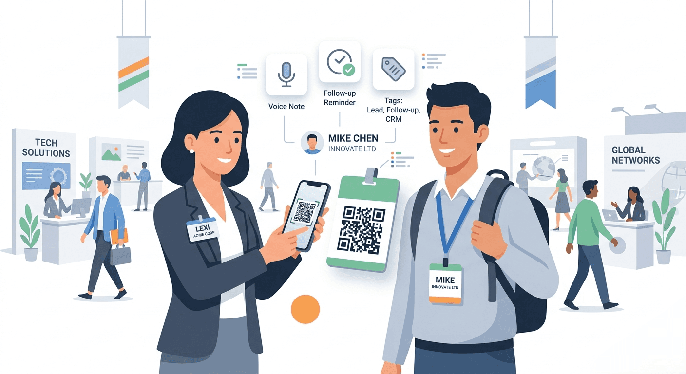 Sales professional scanning QR badge at trade show capturing lead context