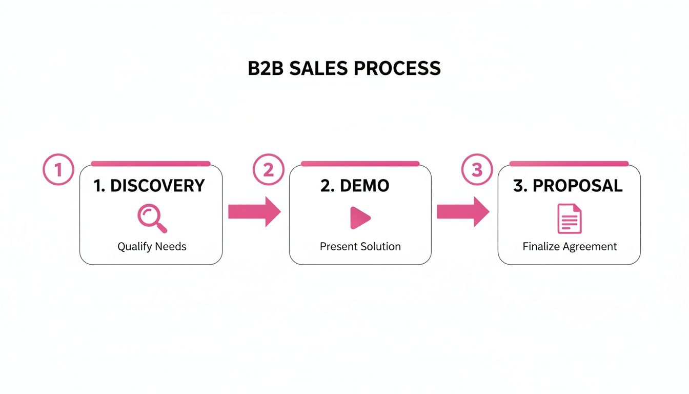 A flowchart illustrating the B2B sales process with three key steps: Discovery, Demo, and Proposal.