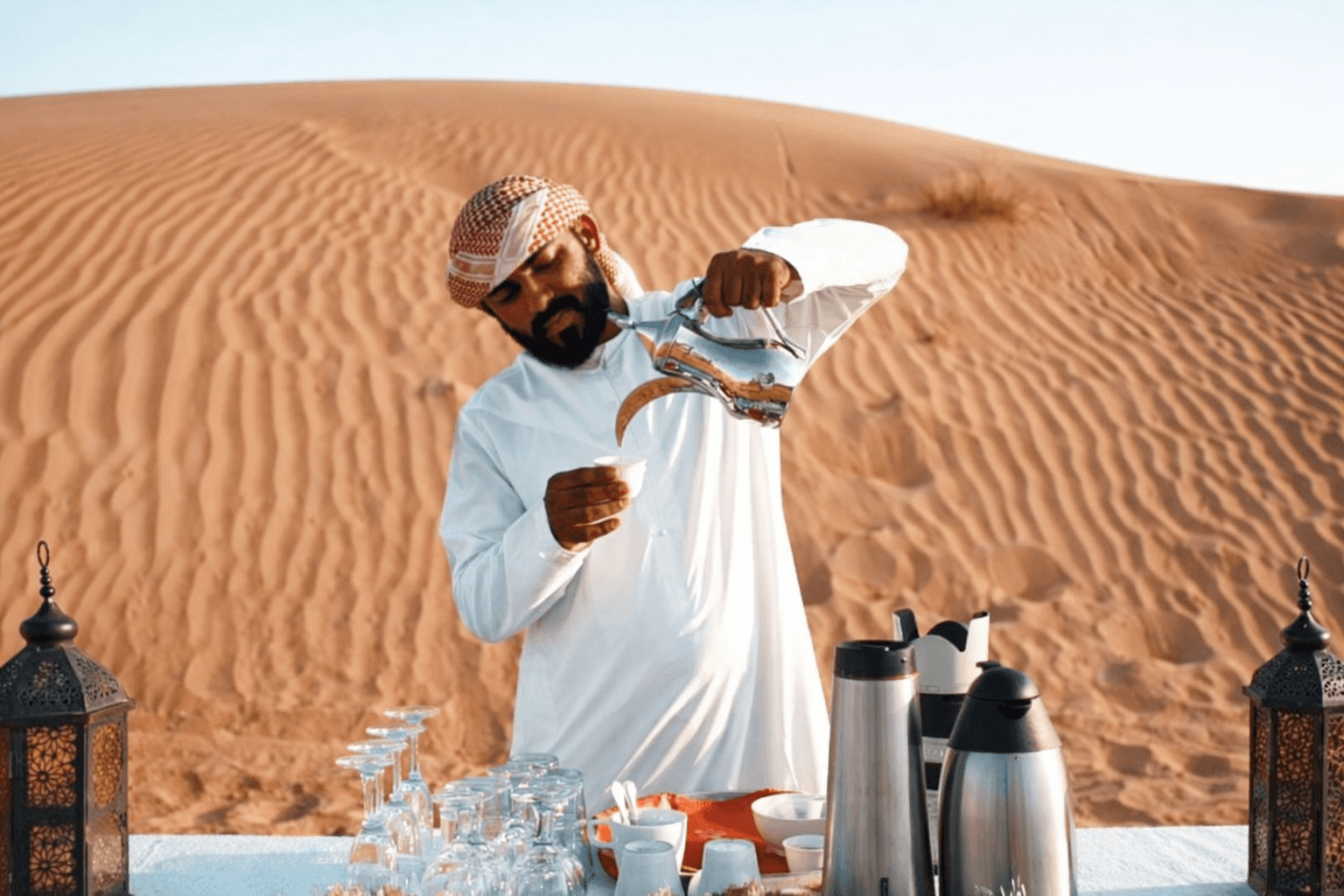 Traditional Arabic coffee served at The Fort Lisaili during the Dune Quest Tours VIP evening desert safari in Dubai