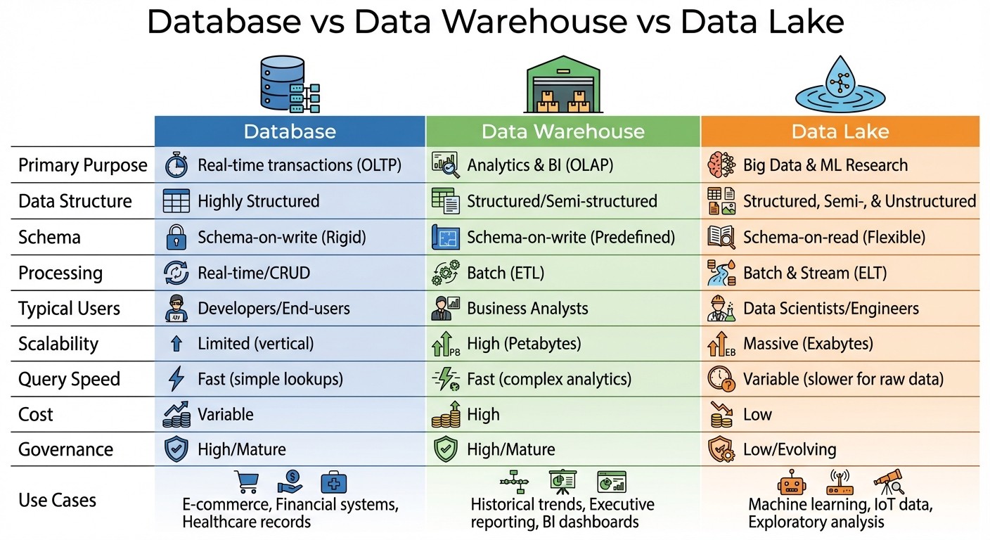 Database vs Data Warehouse vs Data Lake Comparison Chart