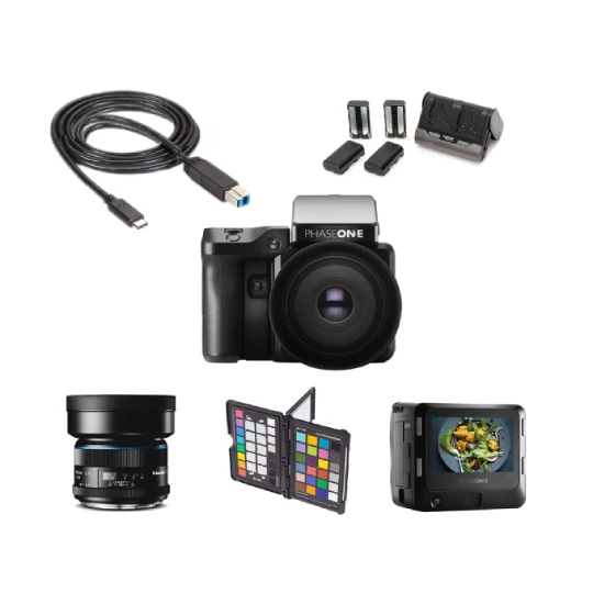 Image containing all the equipment included in the Digital III Pack: a Phaseone XF camera, an IQ150 50M°px digital back, a Schneider Kreuznach 80mm LS f/2.8 lens, a TheterTools USB 3.0 Syncro cable, a Phaseone double charger + four batteries.