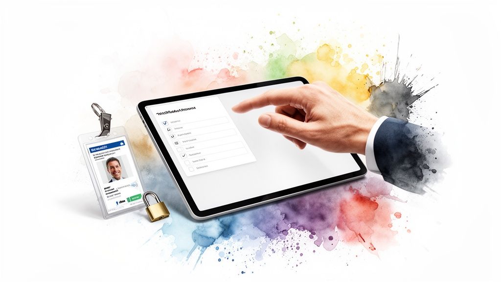 Una mano tocando una tablet con lista de verificación, junto a una identificación de empleado y un candado, sobre un fondo de acuarela vibrante.