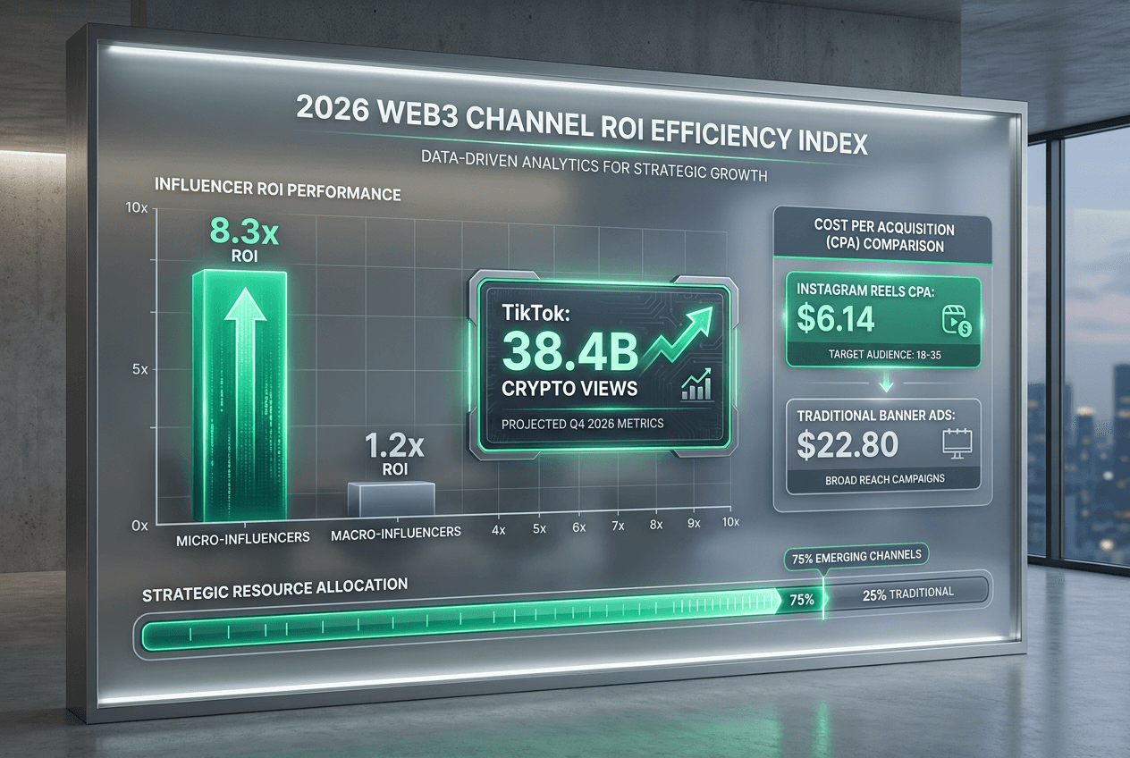 Bar chart comparing 2026 web3 marketing ROI: Micro-influencers lead with 8.3x return, while TikTok views and Instagram Reels show lower CPA costs.