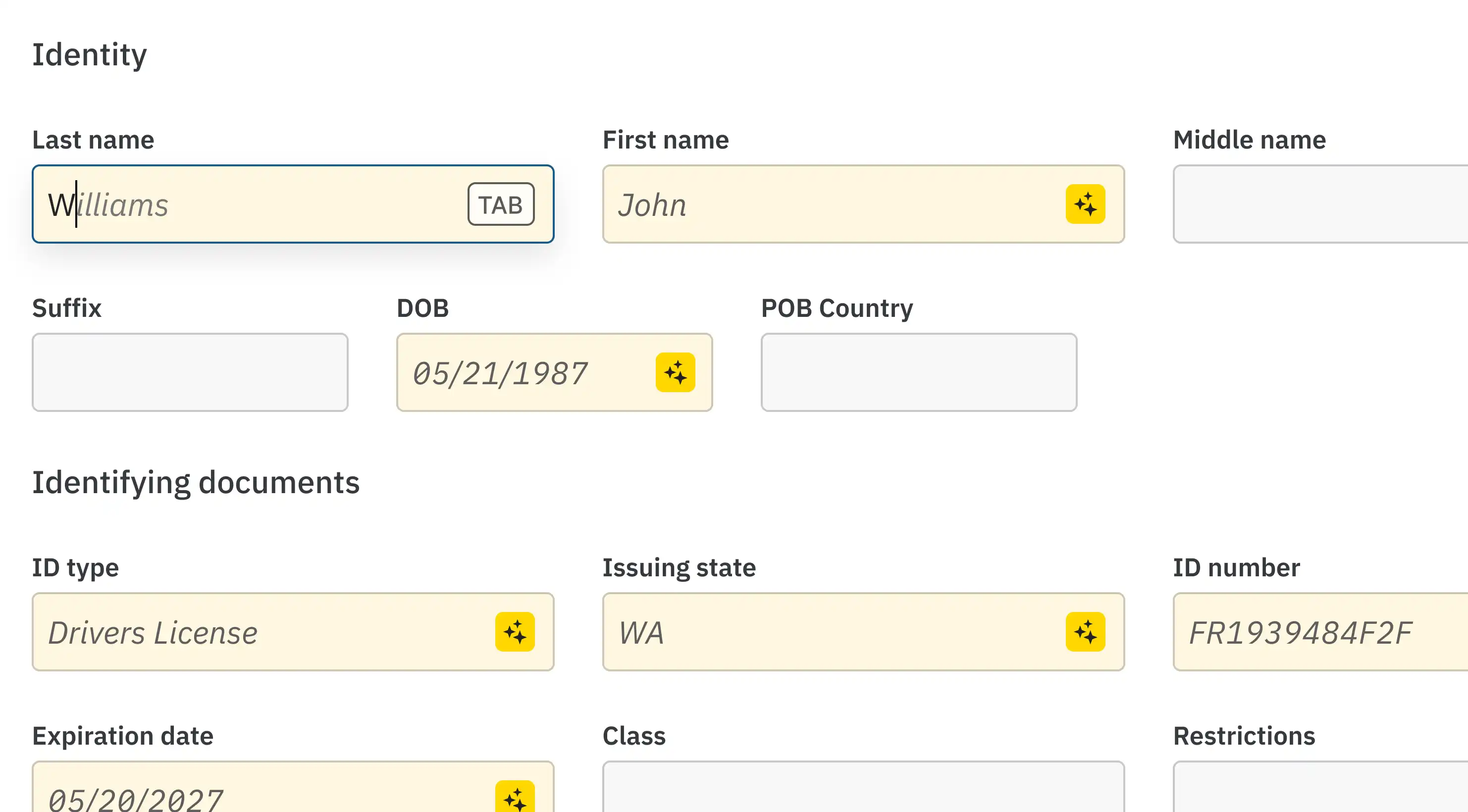 A digital reporting form showing light gray "ghost text" suggestions inside empty fields, representing AI-generated content before it is accepted.