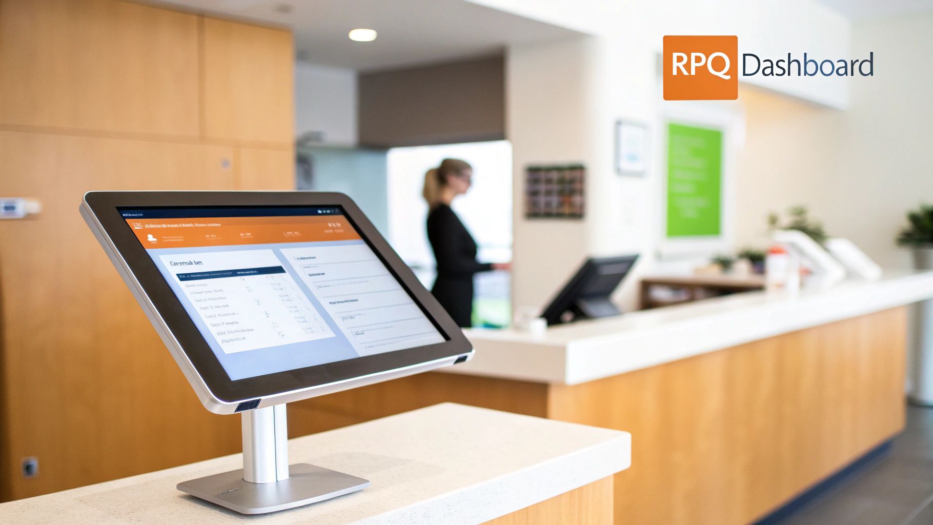 A sleek tablet displaying the RPQ Dashboard on a modern reception desk, with a person in the background.