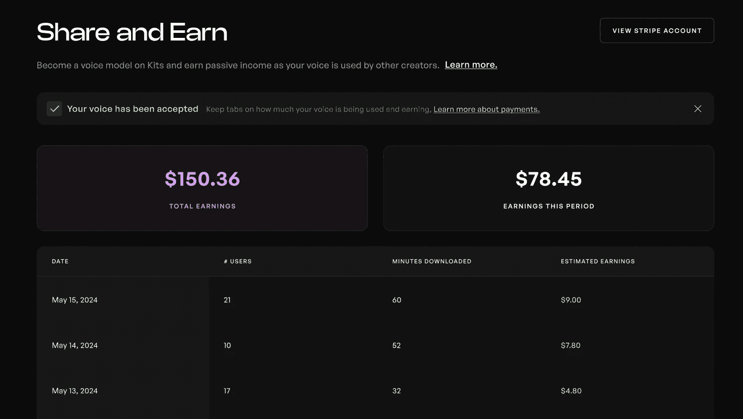 Open payouts page on Kits Earn