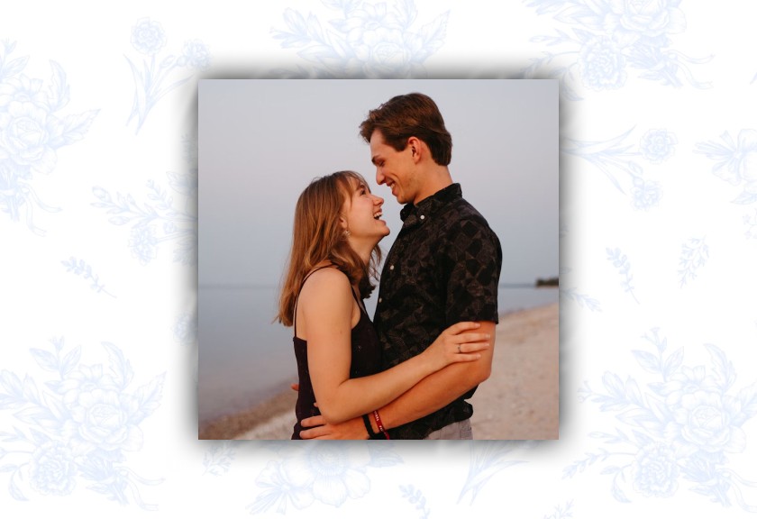 Romantic photo engagement invitation with vintage toile pattern and beach couple portrait.
