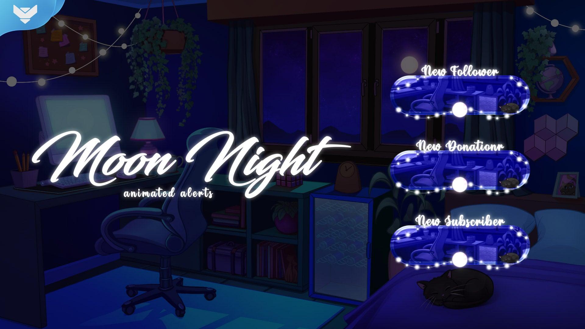 Moon Night animated stream alerts preview by StreamSpell — featuring cozy bedroom setup with glowing fairy lights and a sleeping cat, perfect for Twitch Just Chatting, study sprints, and cozy gaming streams. Includes animated alerts for new followers, donations, and subscribers. Compatible with OBS and Streamlabs.