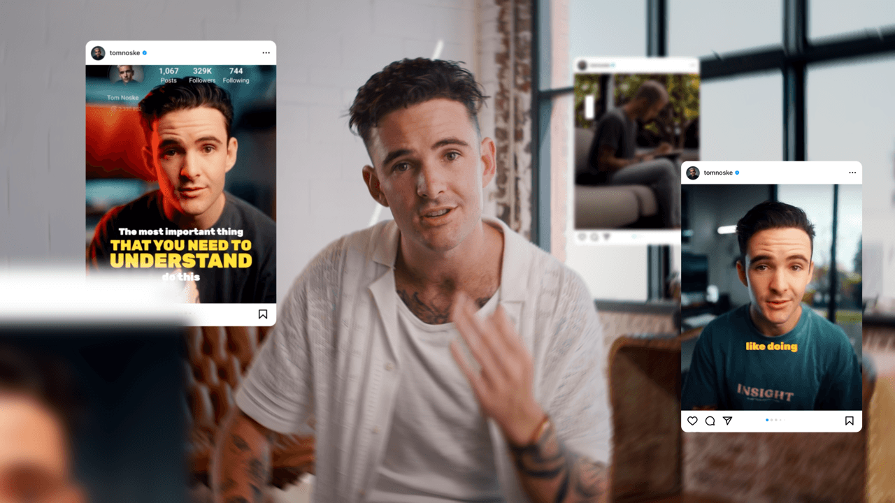 Tom Noske with different instagram posts of himself around him