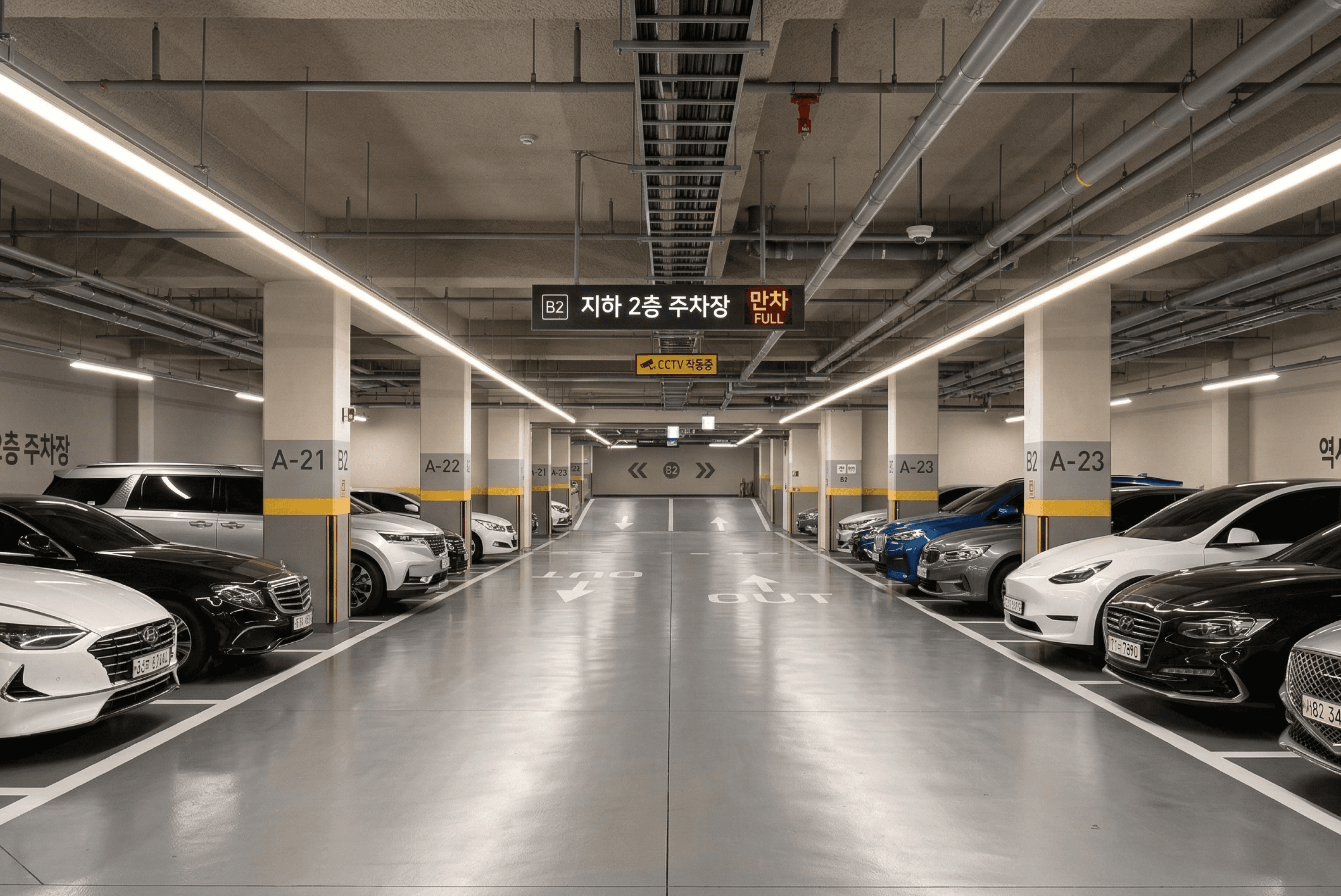 실내 지하 주차장 복도 중앙에서 찍은 사진. 천장에 'B2 지하 2층 주차장 만차 FULL' 표시판이 점등되어 있으며, 양쪽으로 차량이 빼곡히 주차되어 있음. CCTV 작동 중 안내판도 함께 설치되어 있습니다.