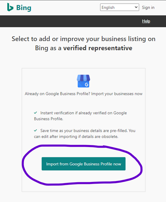 Bing Places - Import Google Business Profile Info