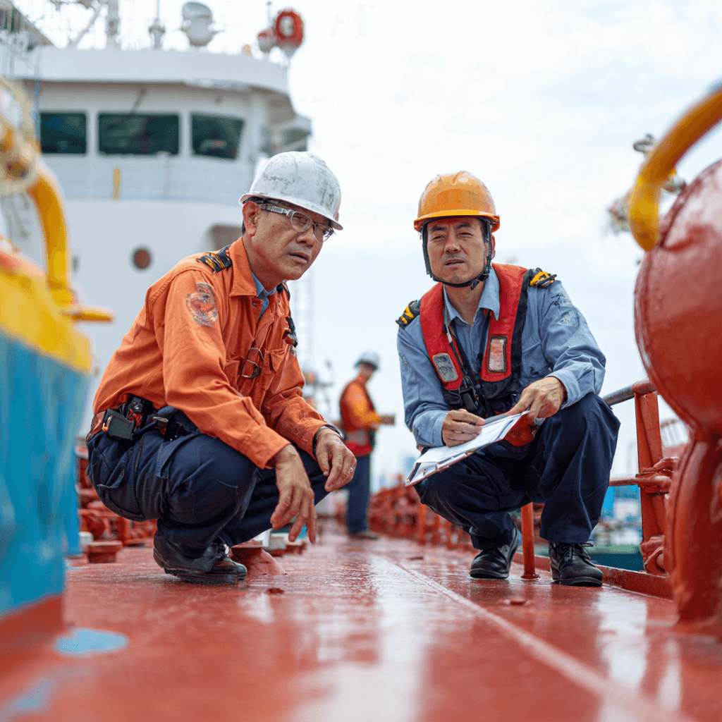 Asian tanker officer explaining procedures during OCIMF vetting inspection