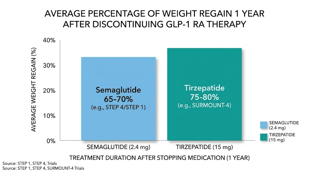 Weight regain comparison chart after stopping GLP-1 medications semaglutide and tirzepatide