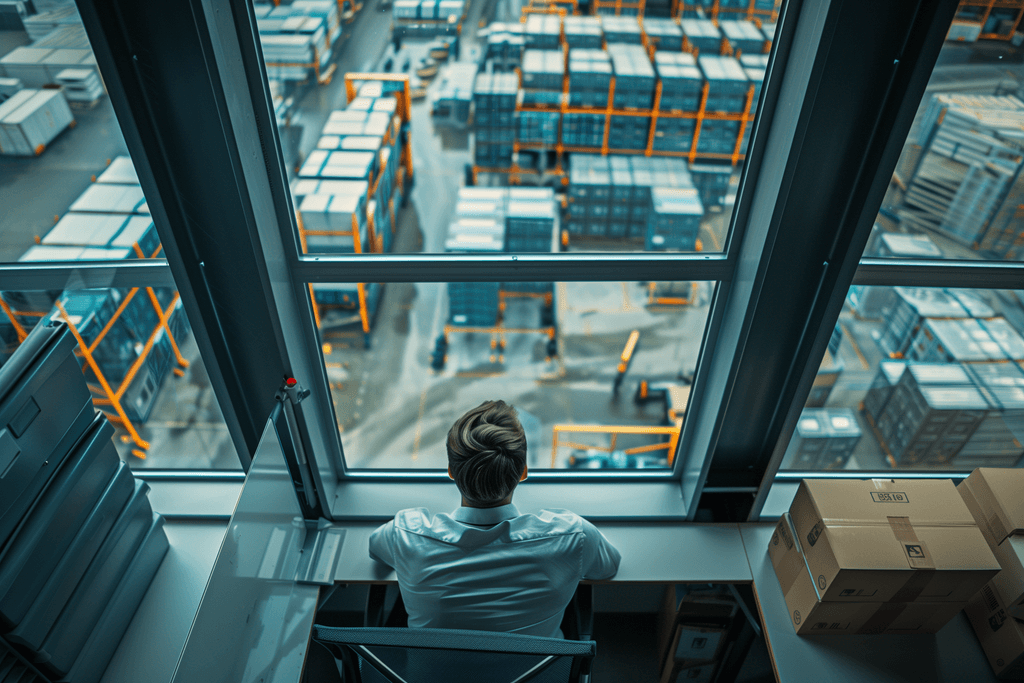 A man gazes out a window, observing a large warehouse in the distance.