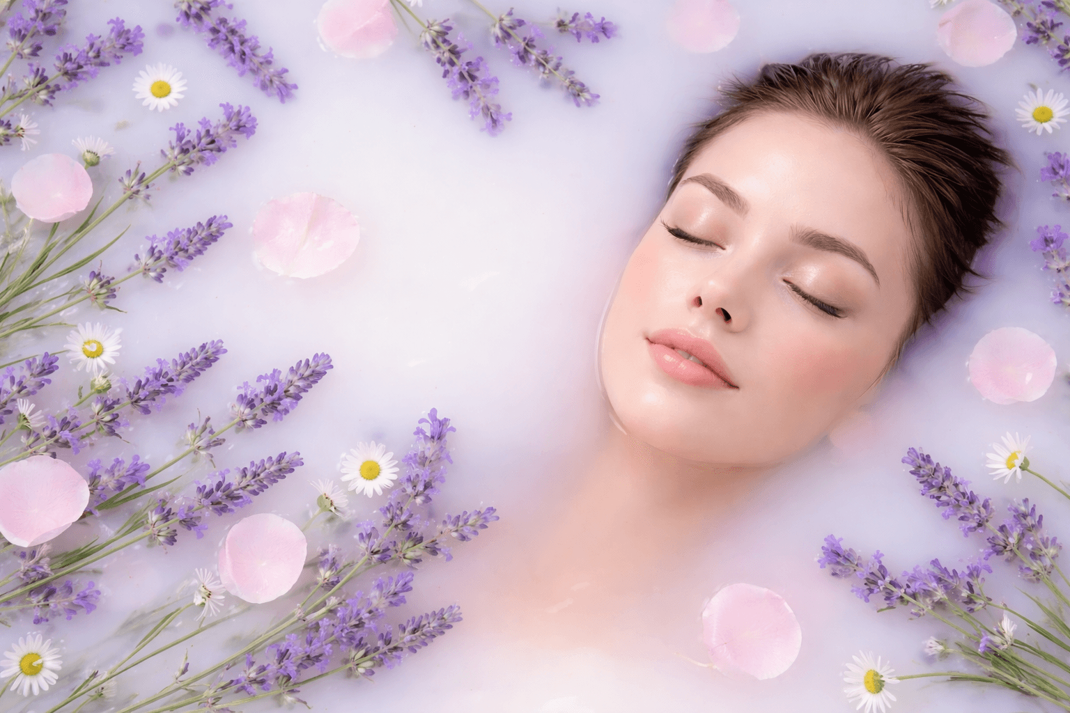 girl's face in a lavender bath