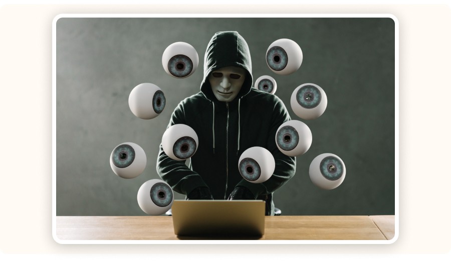 Person wearing hoodie surrounded by eyes