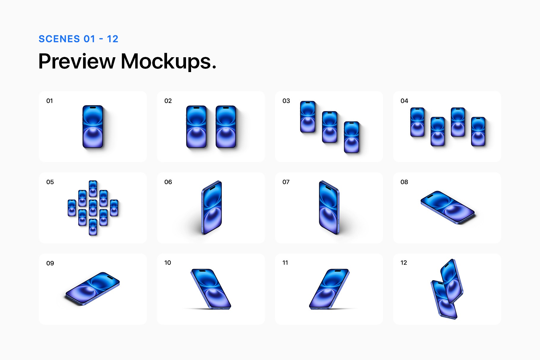 Preview of 12 iPhone 16 mockup scenes in various angles and layouts, available in high-resolution PSD