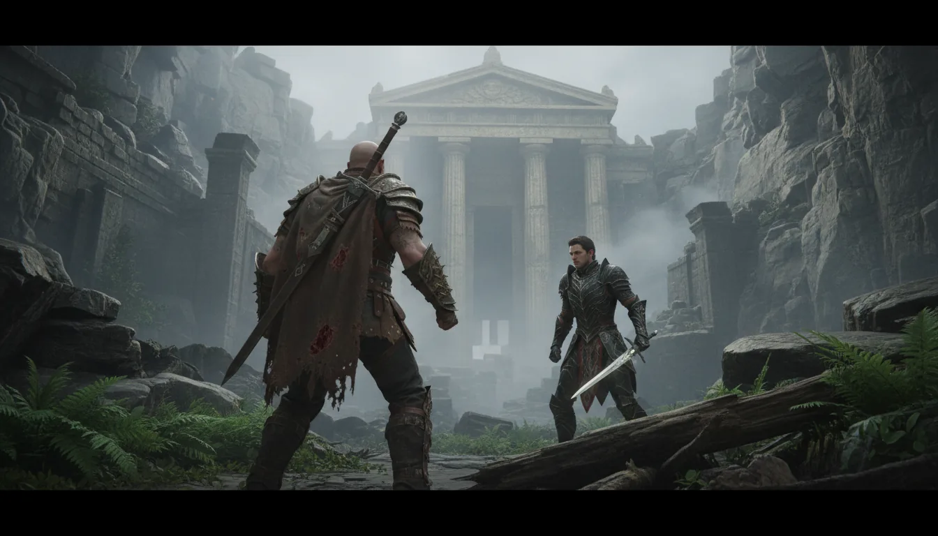 Photorealistic video game cinematic screenshot from a fantasy RPG, Unreal Engine 5 graphics. A muscular, bald male warrior in weathered leather and metal armor stands with his back to the camera, confronting a slender warrior in ornate, dark fantasy plate armor. They are in a moody, overcast, rocky ravine filled with crumbling ancient ruins. A large stone temple entrance with pillars is visible in the background, built into the cliff face. The atmosphere is hazy and misty, with soft global illumination. The foreground features detailed rocks, vibrant green ferns, and weathered wood. Cinematic composition, hyper-detailed textures, 8k.
