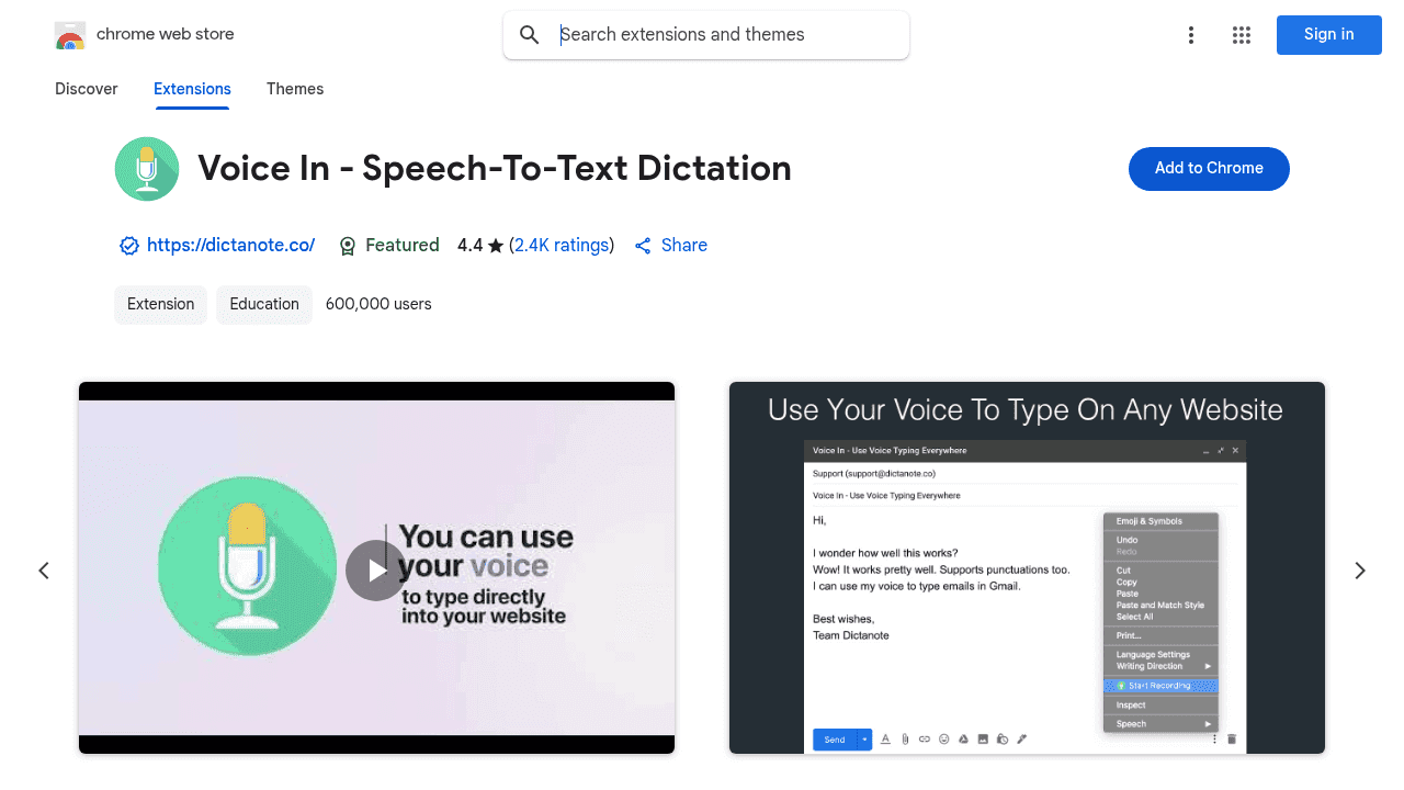 Voice In Chrome extension page showing browser-based voice typing features for Gmail and web email clients