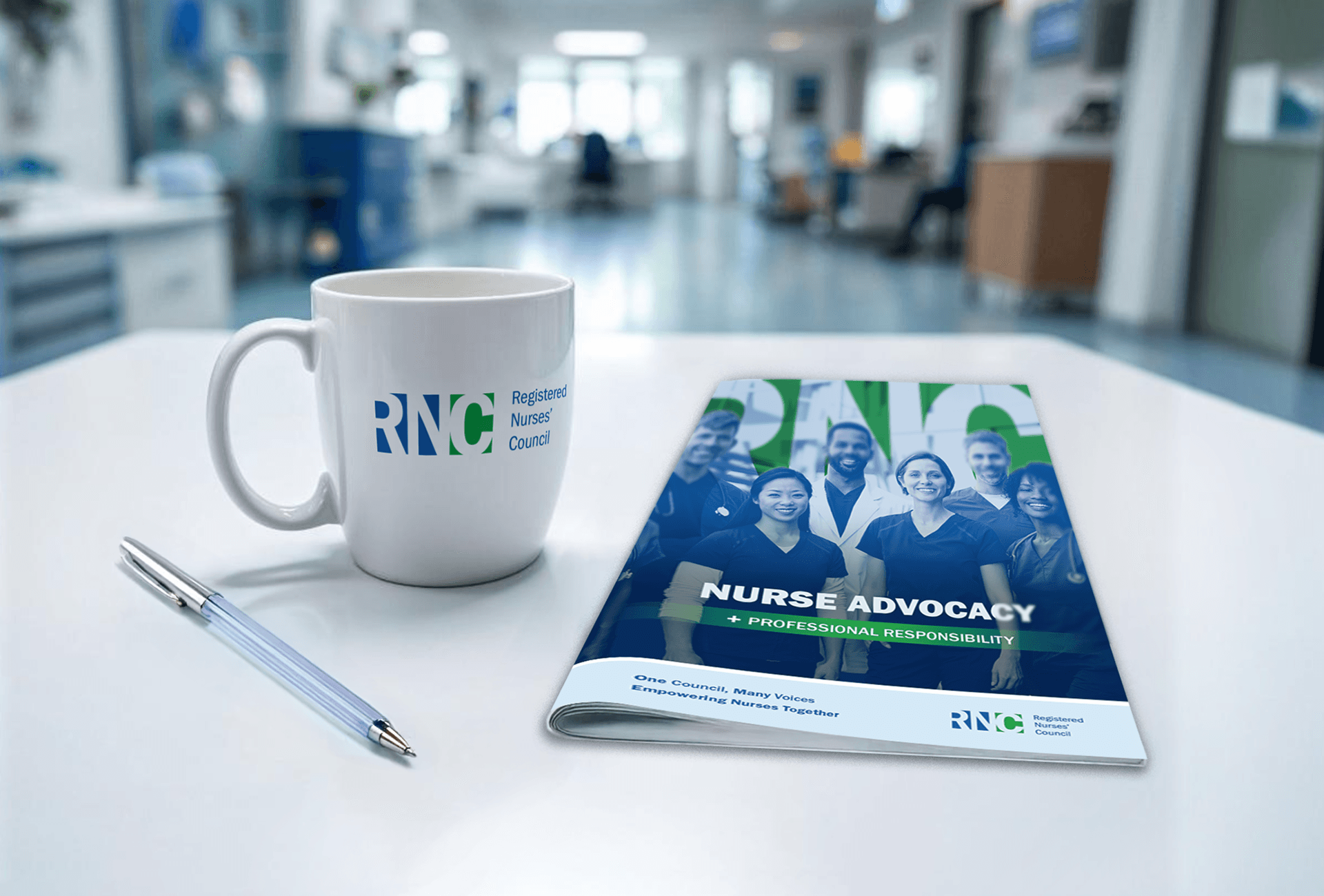 A mug and booklet mockup on a table in a hospital setting for the Registered Nurses Council Branding for SickKids Hospital