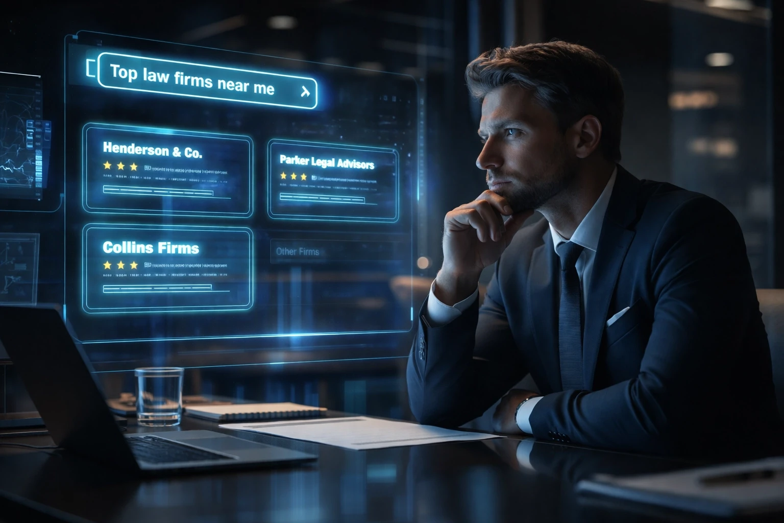 Melbourne professional reviewing AI interface screens showing competitor firms in digital search results, highlighting the urgency of AI visibility for legal and accounting services.