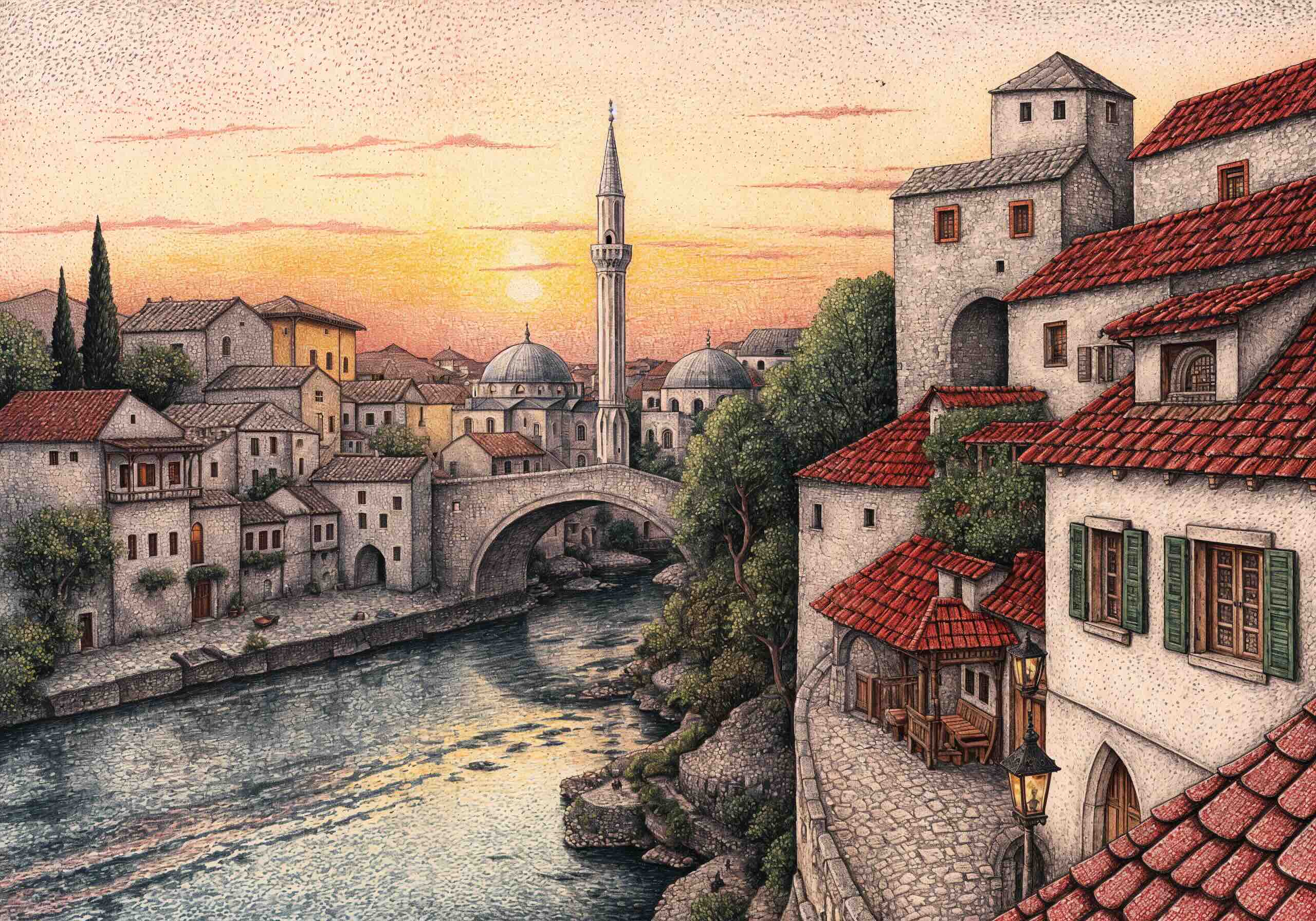 An illustration of a Bosnian riverside town at sunset, featuring a prominent stone arch bridge, Ottoman-style buildings with red-tiled roofs, and a tall minaret rising above the domed roofs in the background.