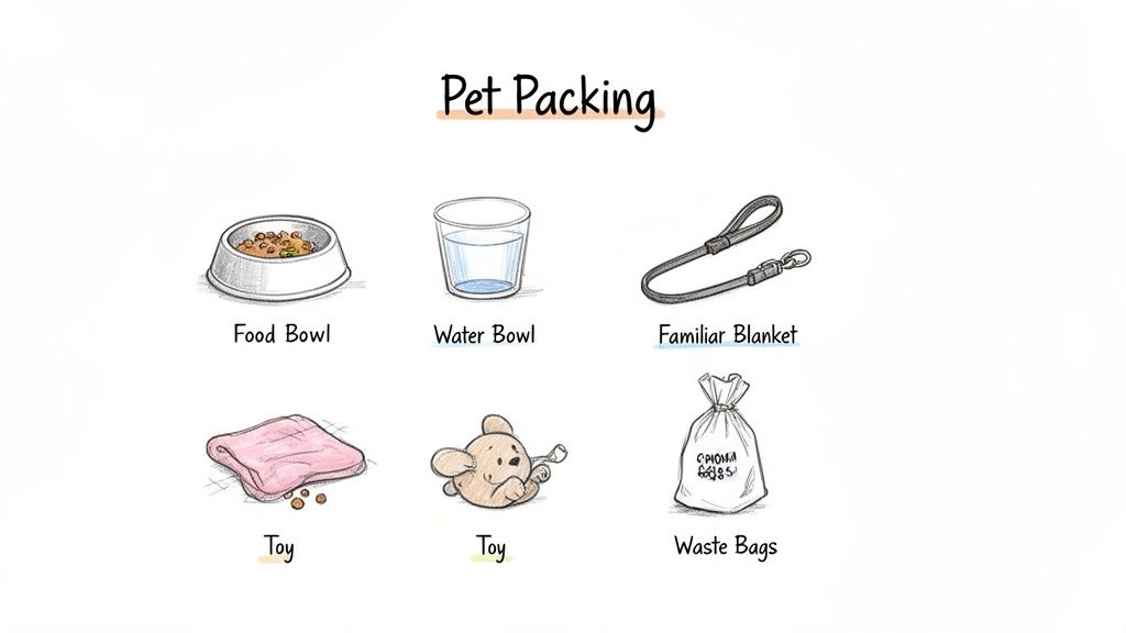 An illustration of essential pet packing items: food bowl, water bowl, familiar blanket, two toys, and waste bags.
