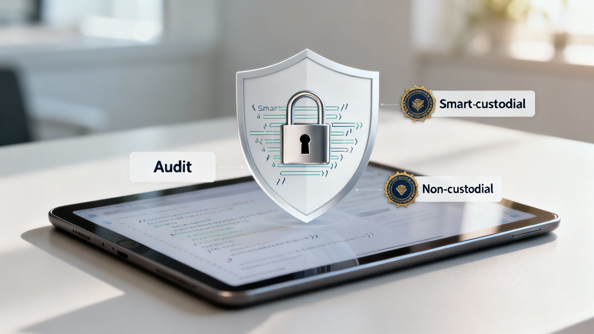 A tablet displays code with a security shield, padlock, and labels: Audit, Smart-custodial, and Non-custodial.