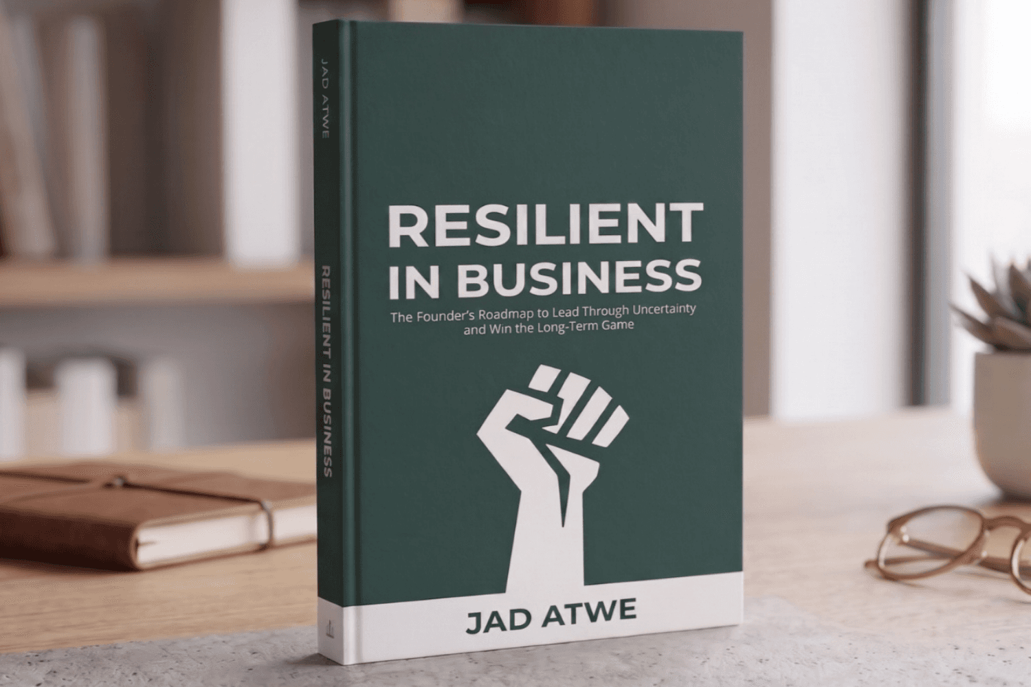 Book cover of Resilient in Business by Jad Atwe on a desk with notebook, glasses, and plant.