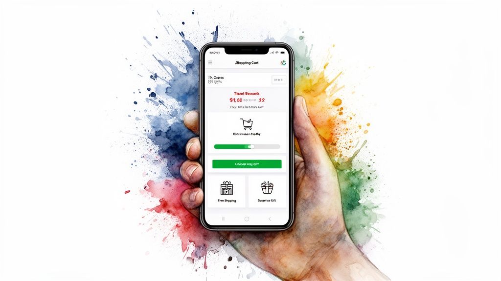 A hand holds a smartphone displaying an e-commerce shopping cart app with rewards and gift options.