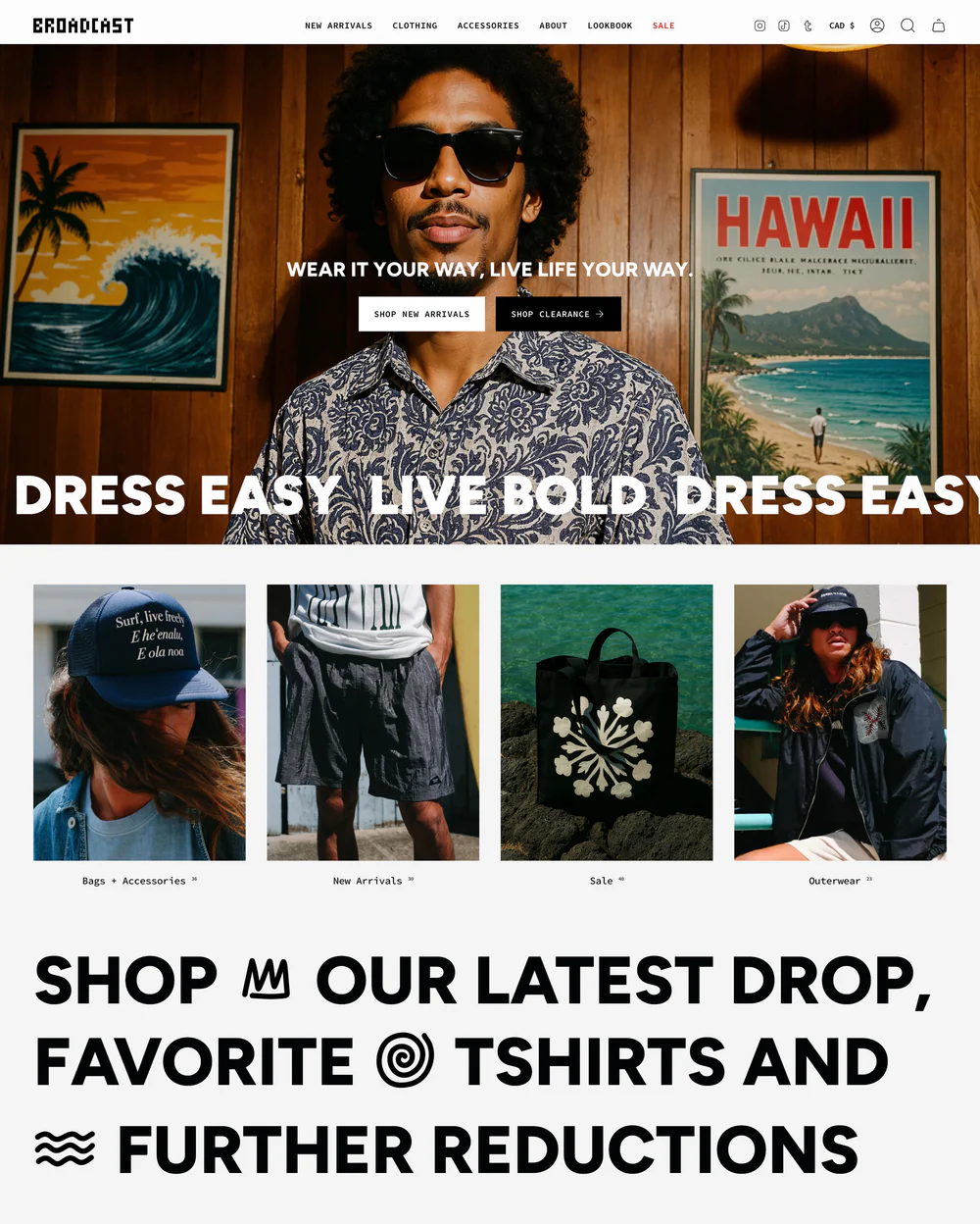 Man wearing sunglasses and a patterned shirt stands in front of a wooden wall with a Hawaii poster; website navigation and shopping buttons overlay the image.