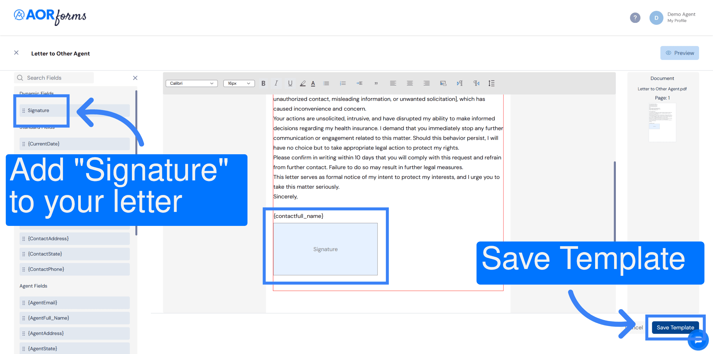 Add signature field and Save Template