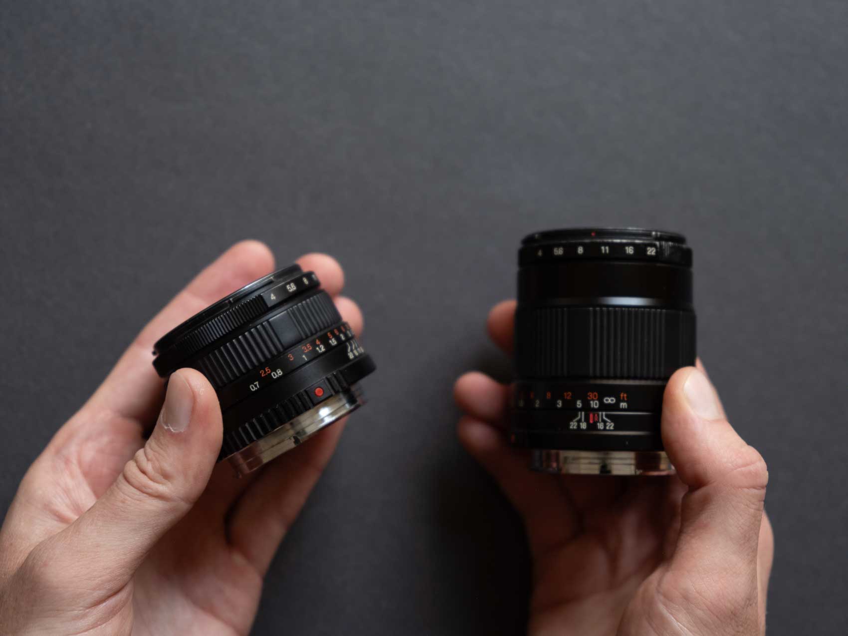 The Hasselblad XPan 45mm lesn f/4 next to the Hasselblad XPan 90mm f/4 lens