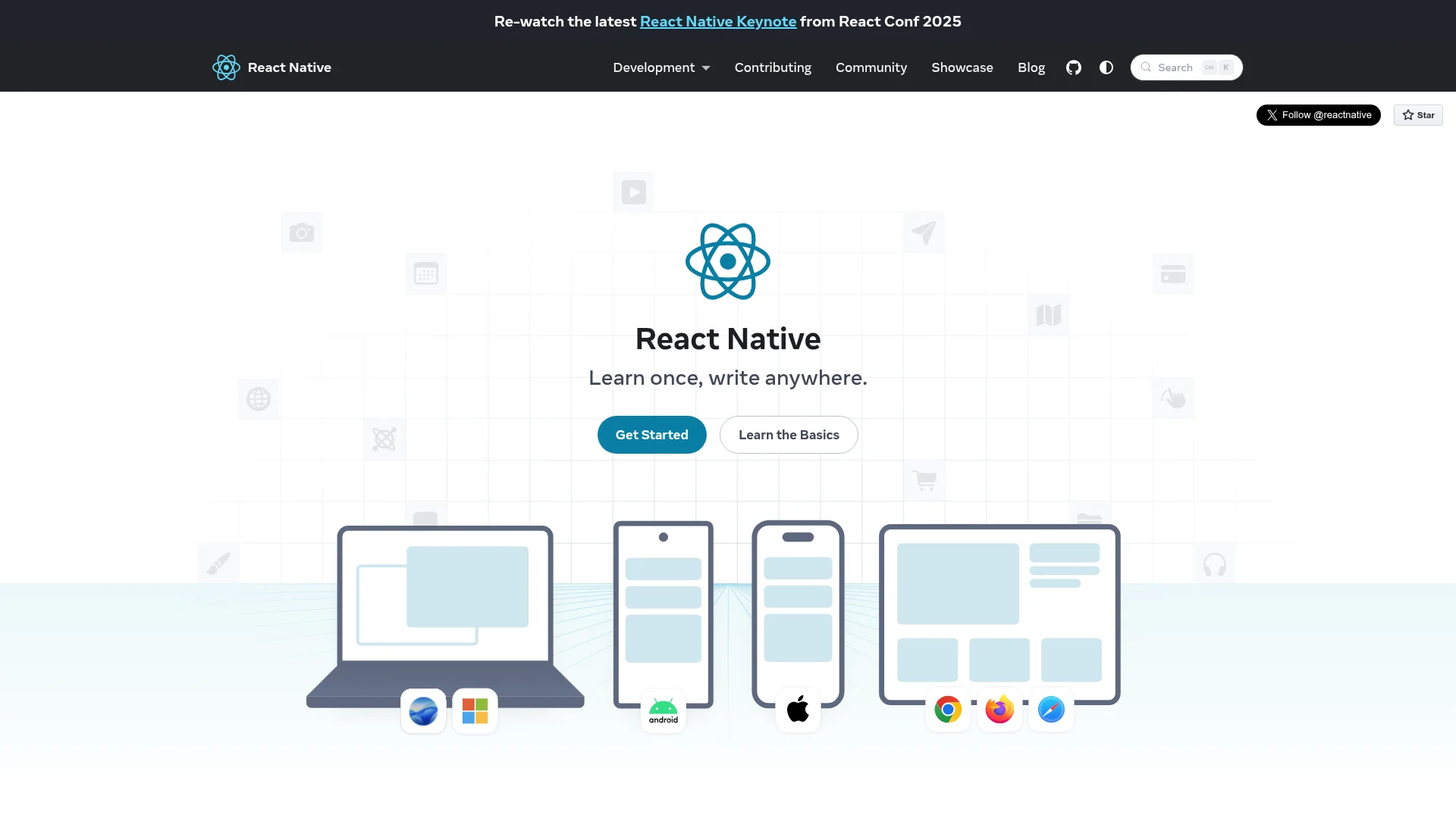 React Native homepage showing Learn once write anywhere tagline with multi-platform support