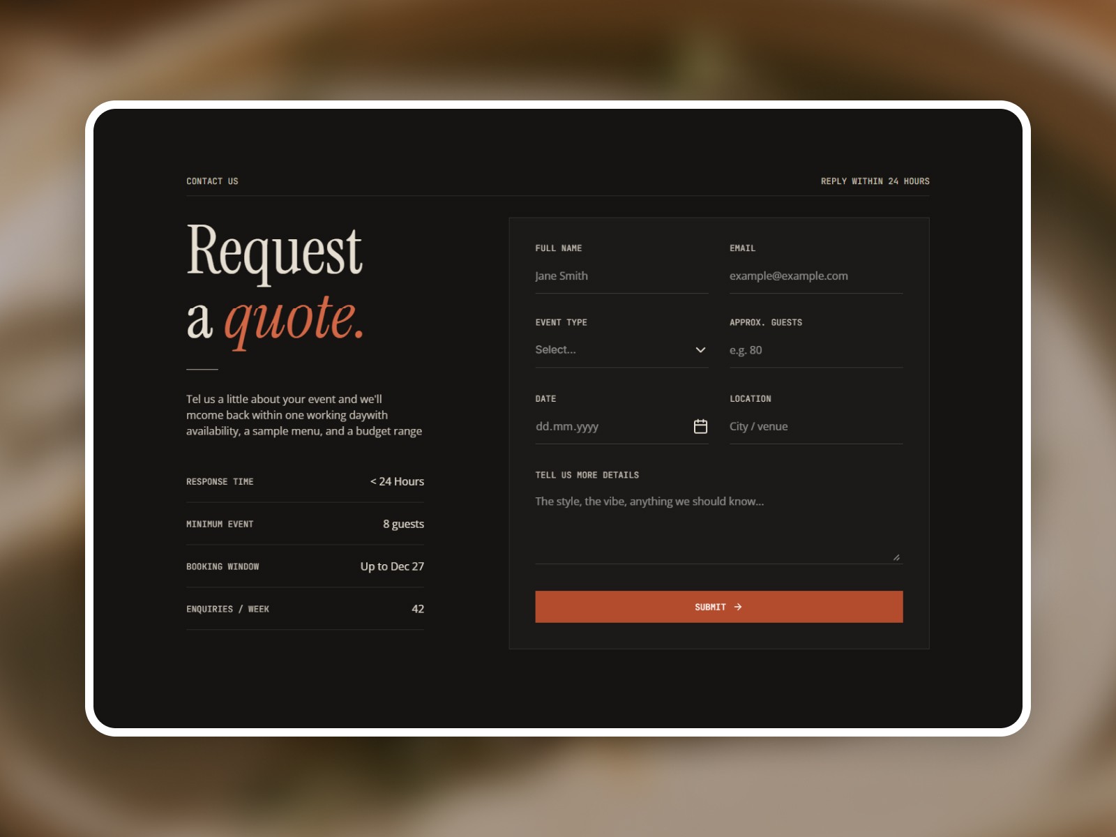 Catered Framer template dark contact section — Request a quote form with event type, date, guest count and location fields