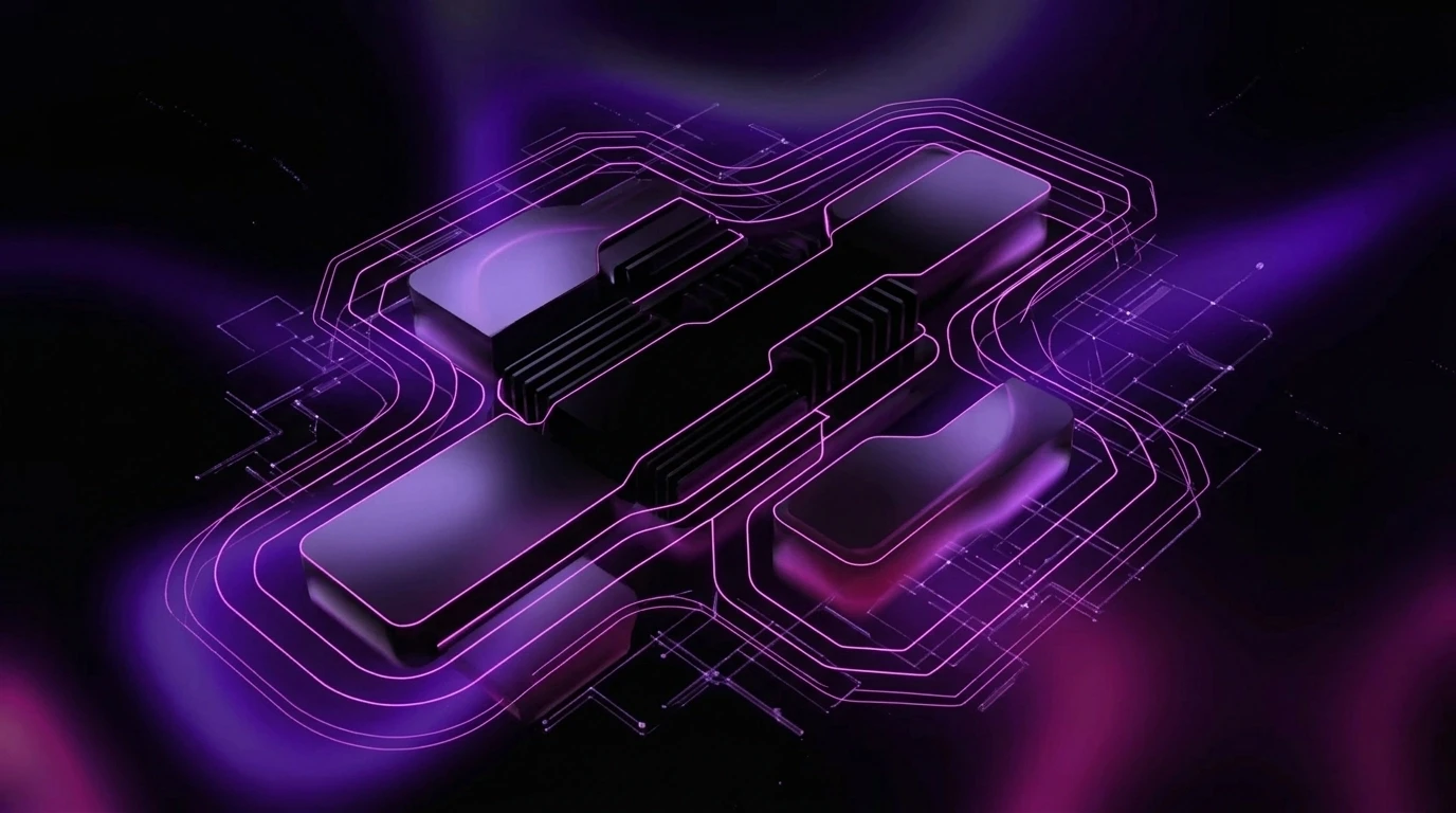A sleek, 3D abstract representation of a high-performance digital engine or core. Deep black background with electric magenta glowing outlines and soft violet ambient light. Minimalist, clean geometric arrangement.
