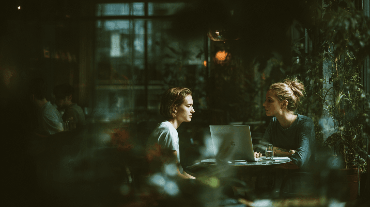 Two colleagues collaborating over paperwork at an office desk, with plants in the background.