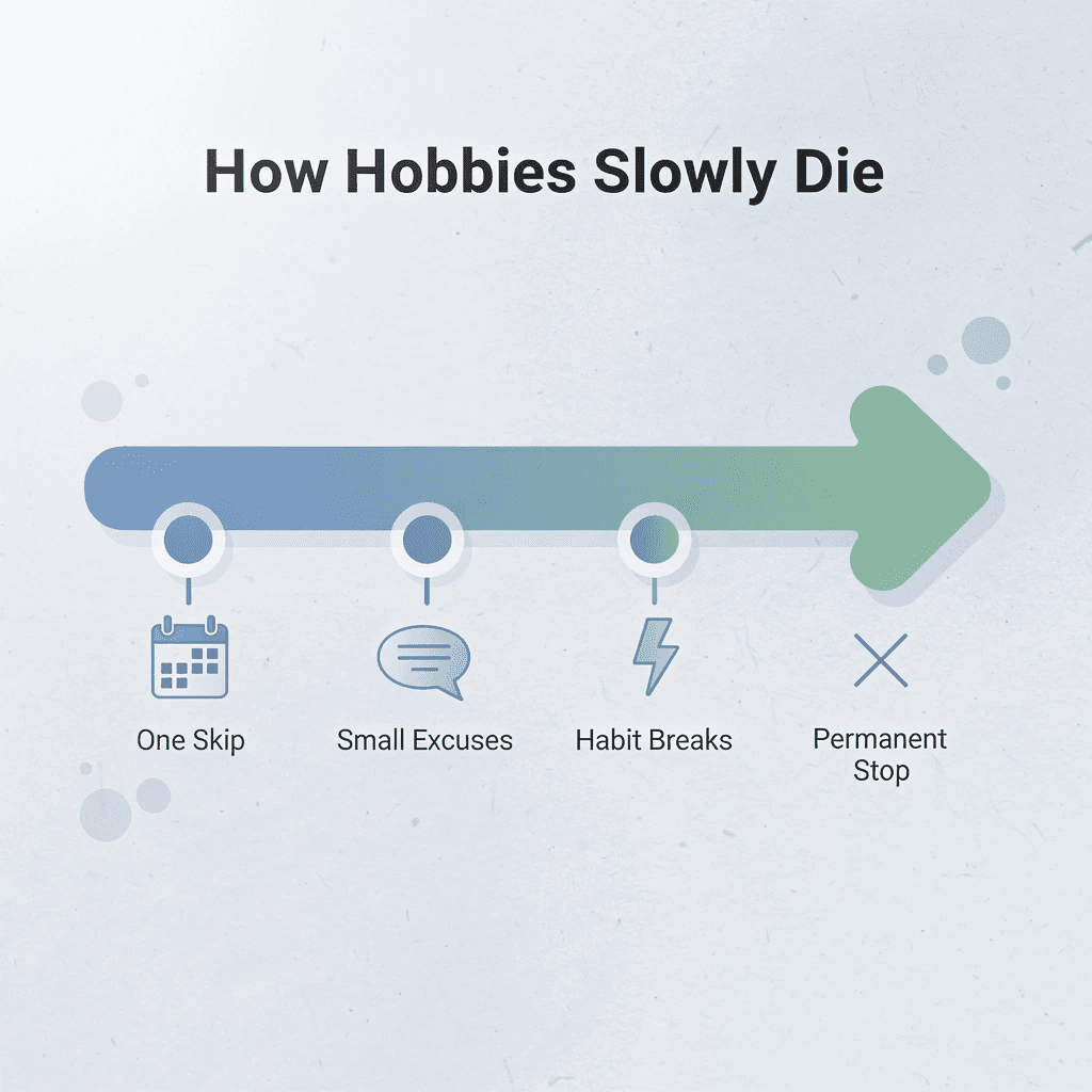 Progression showing four stages of how a hobby gradually disappears from an adult's life