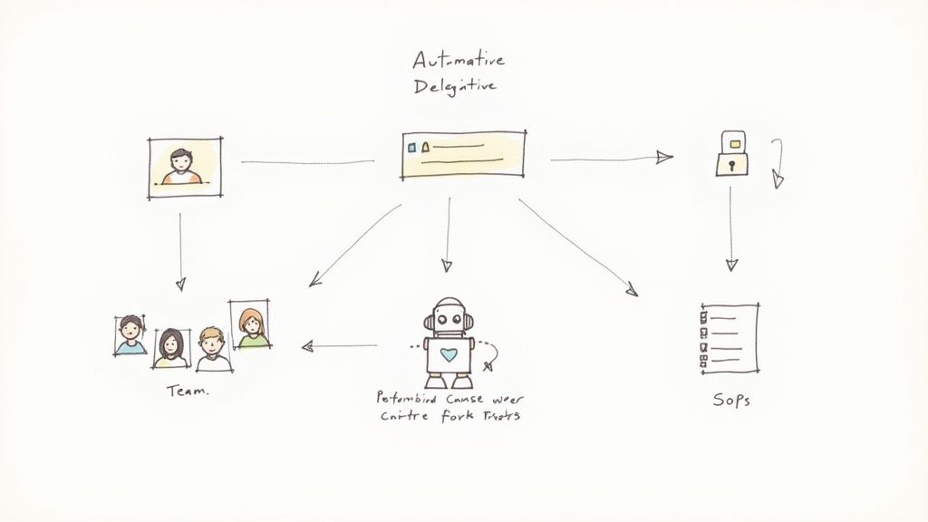 A flowchart illustrating automative and delegative processes involving a person, tasks, a robot, and a team.